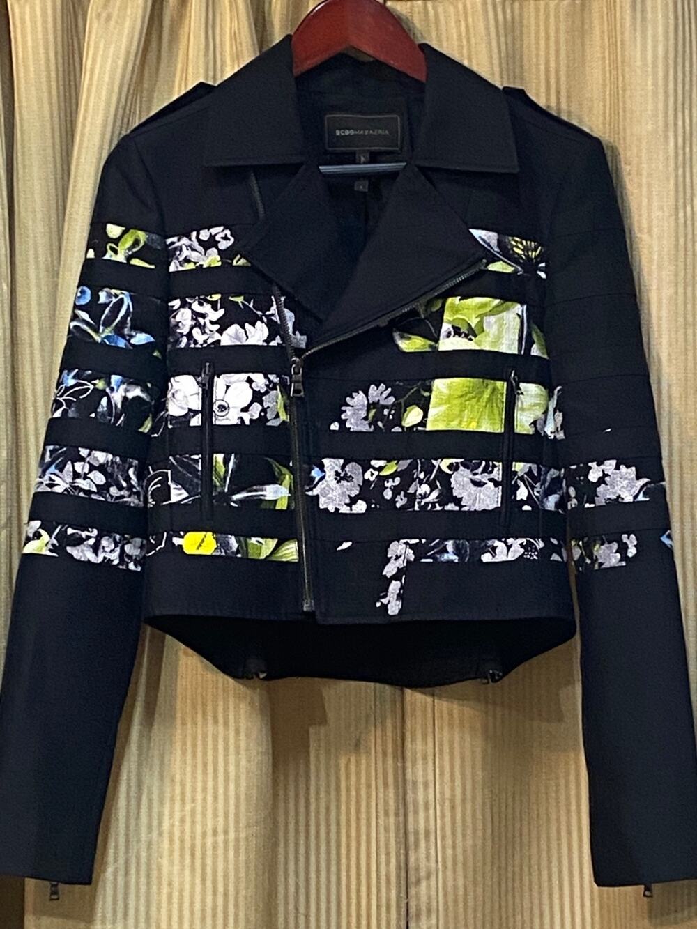 Authentic Designer BCBG MAX AZRIA Tess Stripe Floral Moto Jacket Wmn S Black Zip